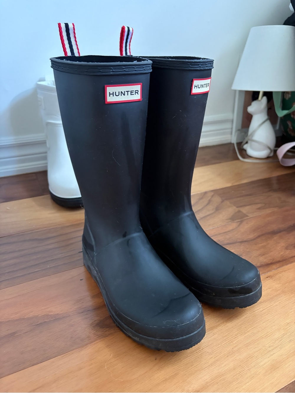 Hunter Black Tall Rain Boots with Red-White-Blue Pull Tabs
